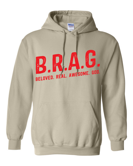 "B.R.A.G. Hoodie Sand & Red"