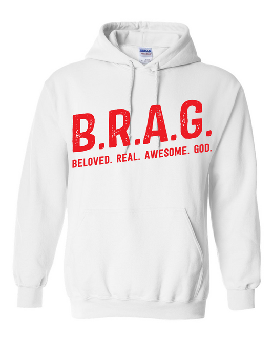 "B.R.A.G. Hoodie White & Red"