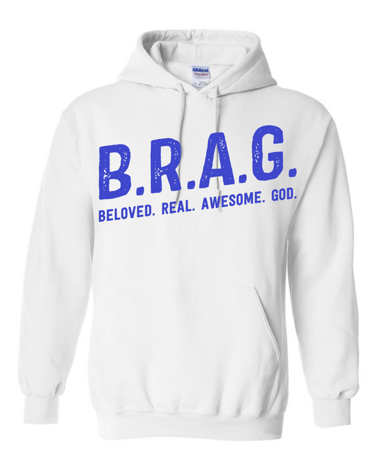 "B.R.A.G. Hoodie White & Blue"